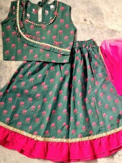 bottle green printed lehenga blouse.jpg