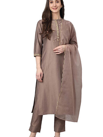 chanderi straight kurti with pant & dupatta