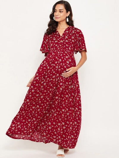 floral printed maroon maternity dress