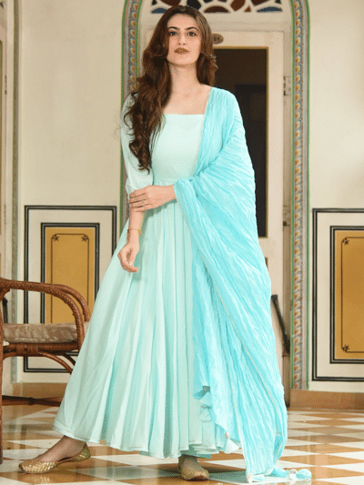 full flared anarkali kurti with pant & dupatta