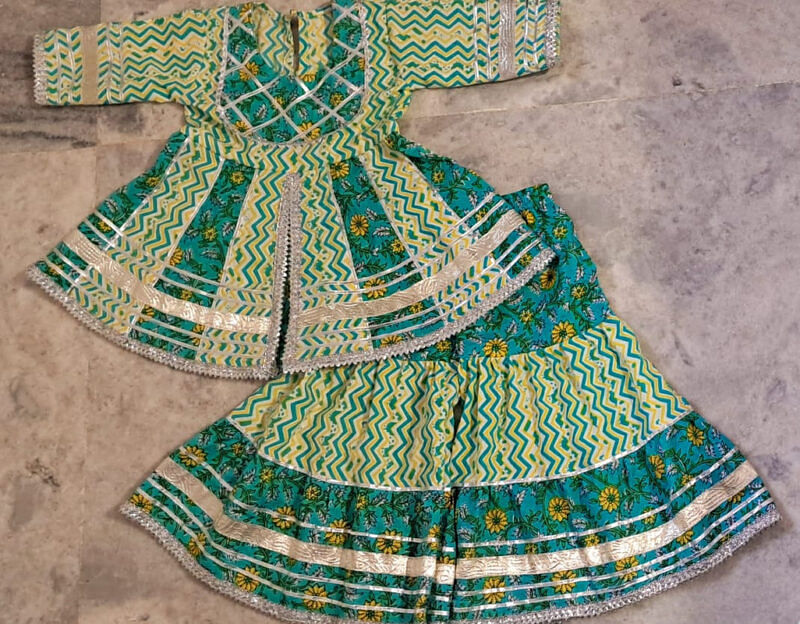 green printed front slit kurta sharara