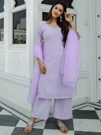 lurex cotton kurti pant with scalloped detail dupatta