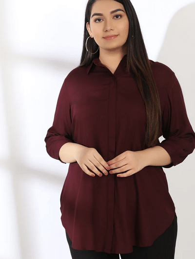 pure cotton maroon quarter sleeves shirt for plus size women