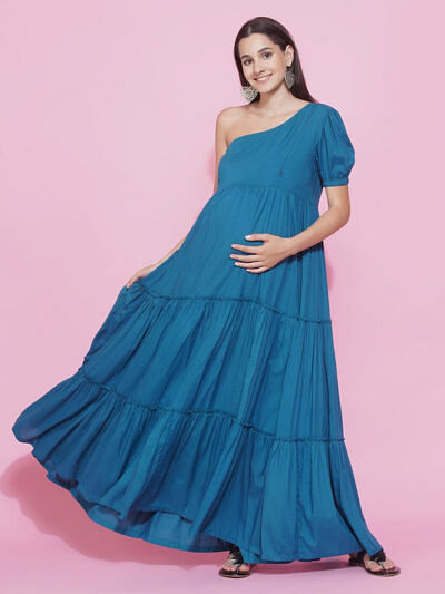 maternity one shoulder tiered maxi dress