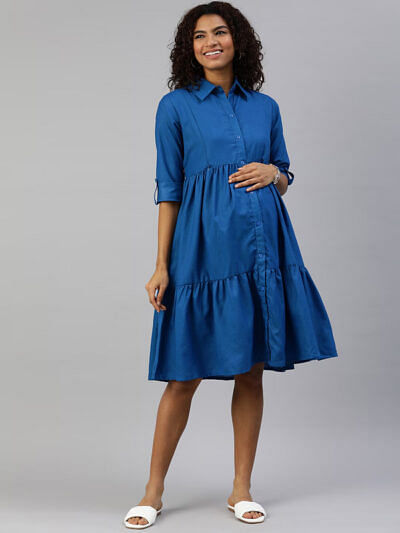 maternity rolled up sleeves tiered shirt style dress