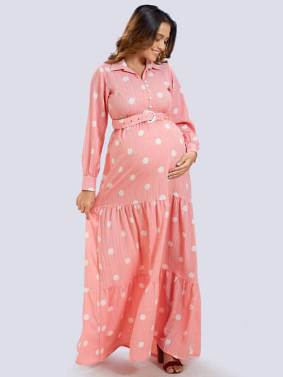 polka dots pink maternity maxi dress