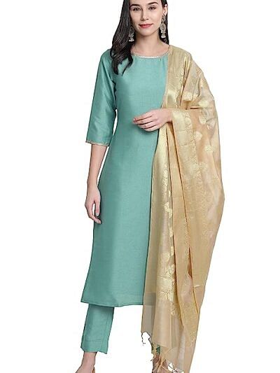 raw silk straight kurti with pant & dupatta