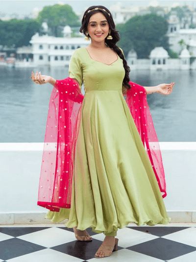 satin anarkali with churidar & dupatta