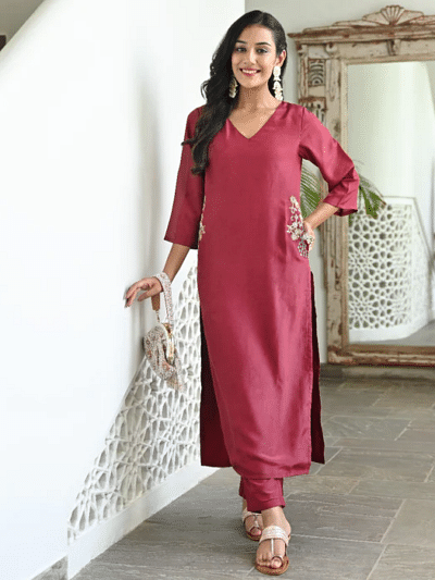 silk v neck kurti with pants