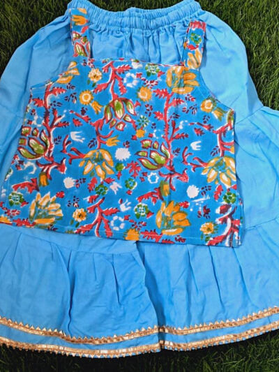 sky blue printed short kurta sharara set