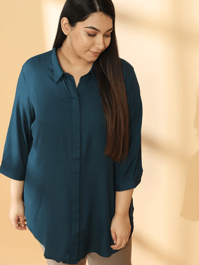 pure cotton teal blue quarter sleeves shirt for plus size women