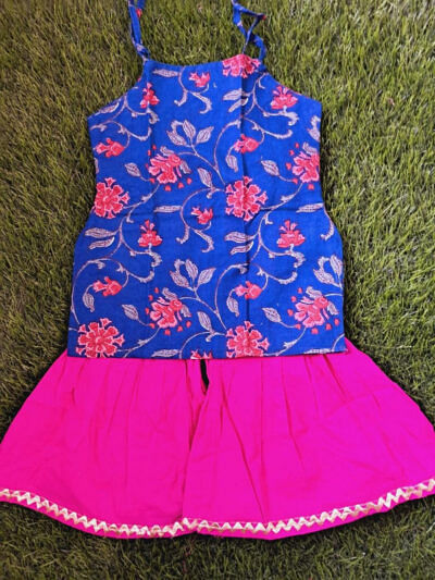 royal blue pink printed tieup kurti sharara