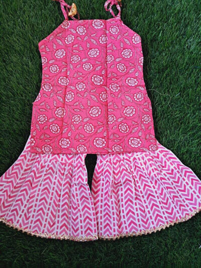 pink printed tieup kurti sharara