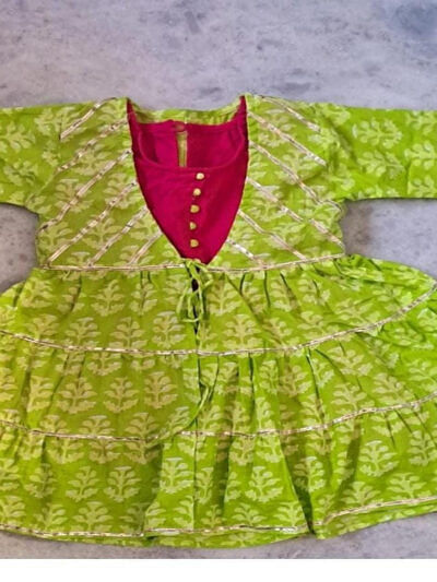 lime green printed full gown with tiered jacket