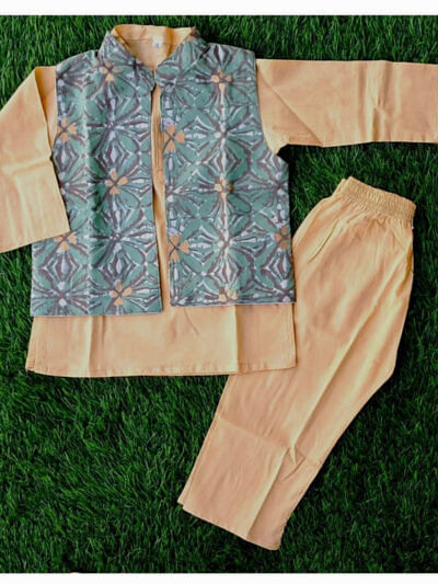 cream blue kurta pajama with printed jacket